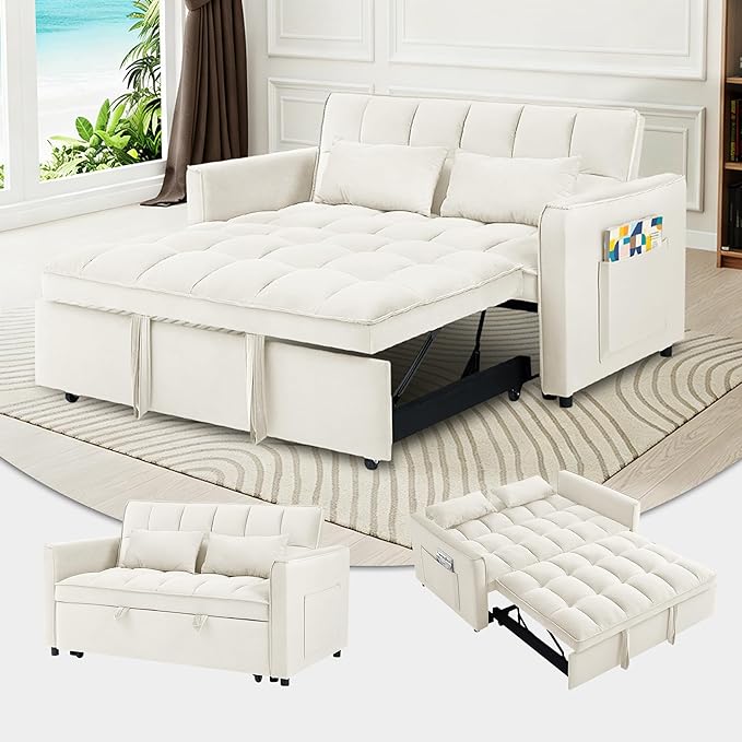 Convertible Sofa Bed 3 in 1 Sleeper Sofa with Adjustable Backrest Pull Out Couch Loveseat with 2 Pillows &amp Side Pockets for Living Room Bedroom Apartment 55 Velvet | Beige