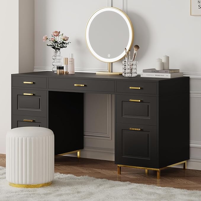 Black Desk with 7 Drawers 57 Executive Desk with Storage Black and Gold Desk for Home Office Makeup Vanity Desk with Golden Handle
