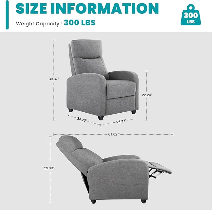 Sweetcrispy Recliner Chair Fabric Recliner Sofa No Massage Home Theater Seating with Lumbar Support Adjustable Push Back Overstuffed High-Density Sponge Reclining for Living Room Grey