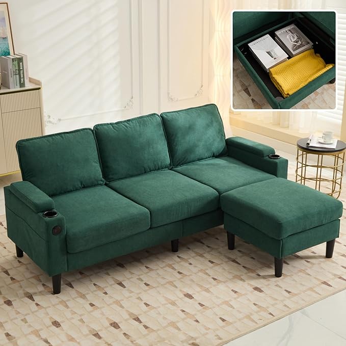 (New) 3 Seater Couch with Ottoman Grey Couch with Removable Pillows Chenille Sofas with USB Cup Holders Side Pockets L Shaped Sofa for Living Room Apartment (Green)