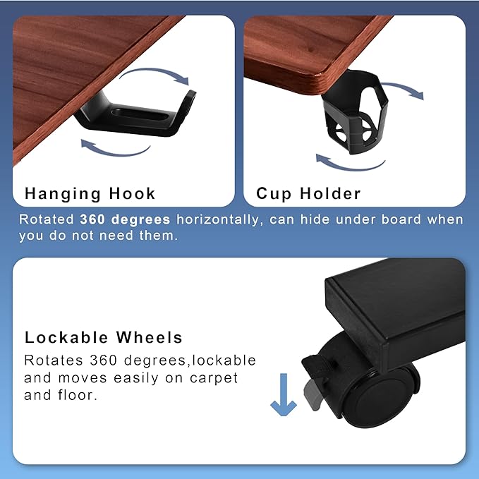 Electric Overbed Table with Wheels Height Adjustable Bedside Sofa Couch Side Tables C Shaped Mobile Standing Small Laptop Desk for Home Office Dark Walnut