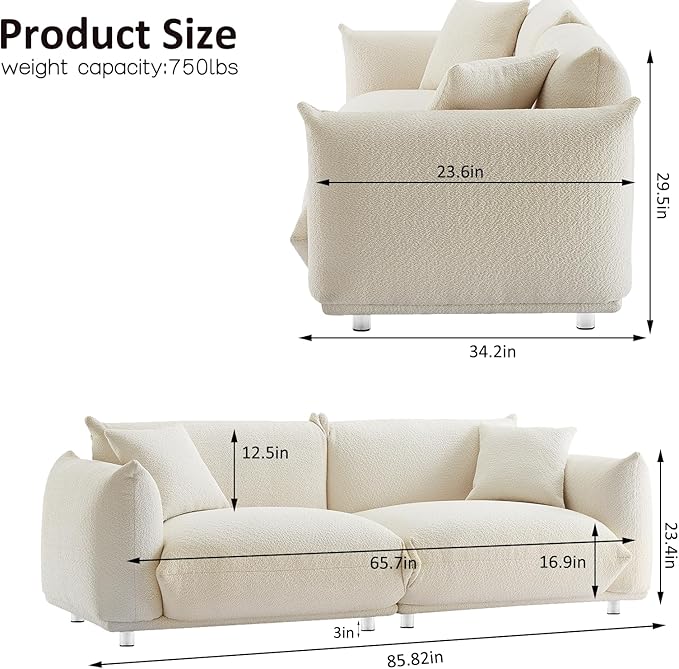 Hison Modern 86 Inch White Lambswool Sofa 3 Seater Upholstered Couch with Solid Wood Frame Deep Seat Comfortable &amp Sturdy