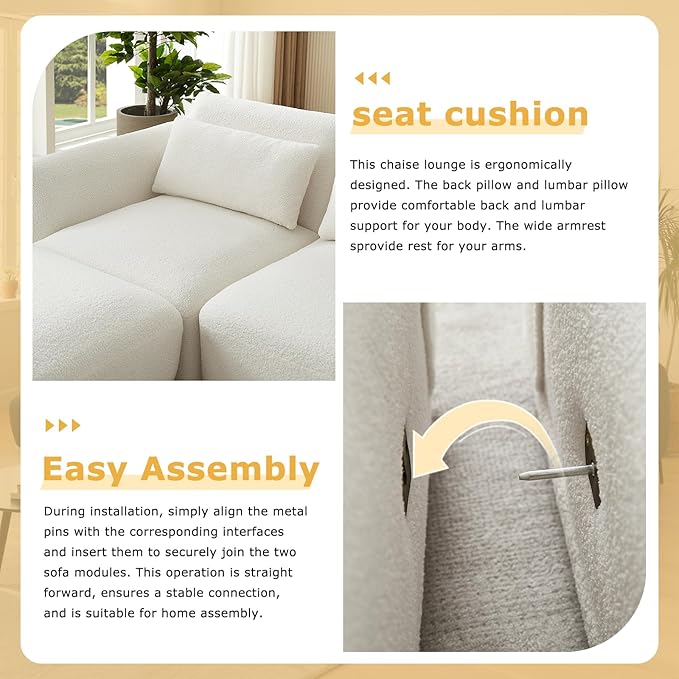 Boucle Sectional Couches for Living RoomComfy Upholstered Modular Sectional SofaU Shaped CouchL Shape Sofa with Removable Ottoman.(4Seats-Beige White)