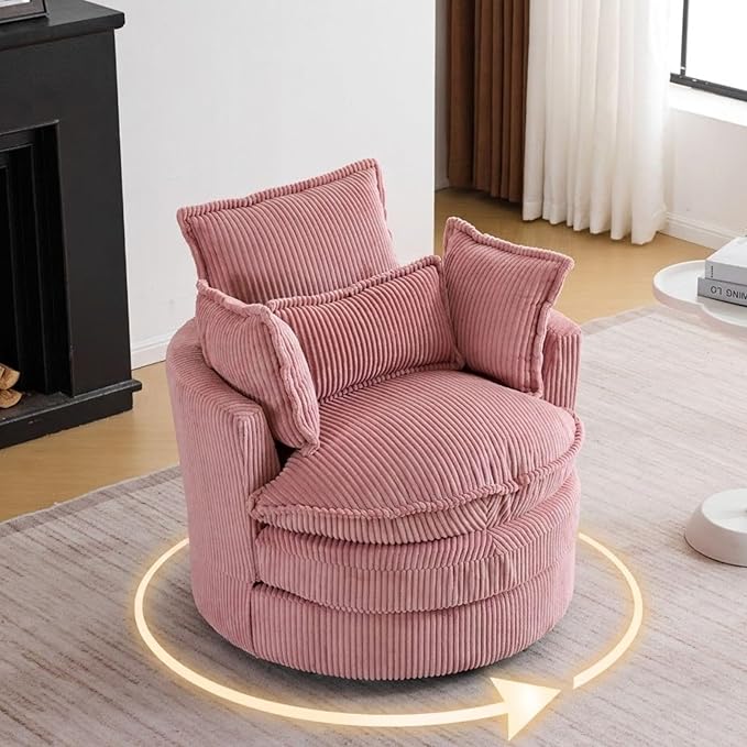 Karl home Swivel Barrel Chair-Corduroy360 Degree Modern Lounge Armchair ChairComfy Round Accent Single Sofa Chair with 3 Pillows for Living RoomBedroomLoungeHotelPink