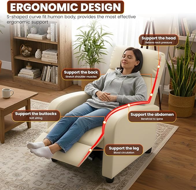 Recliner Chair for Living Room Home Theater Seating Single Reclining Sofa Lounge with Padded Seat Backrest (Beige)