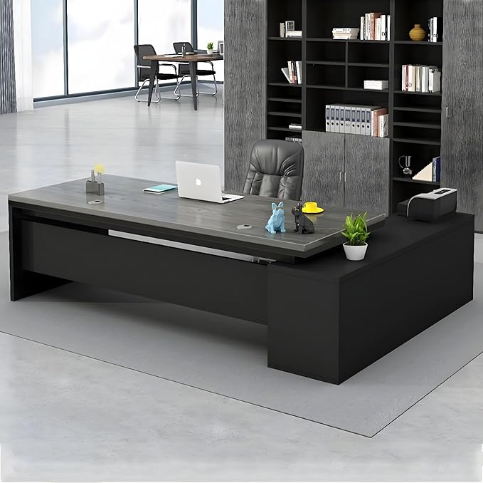 LITFAD Modern L-Shape Office Desk with Wood Base Executive Desks Boss Table Computer Desk Home Office Furniture with Drawers and Storage Shelves - Without Chairs 63 L x 23.6 W x 29.5 H Gray