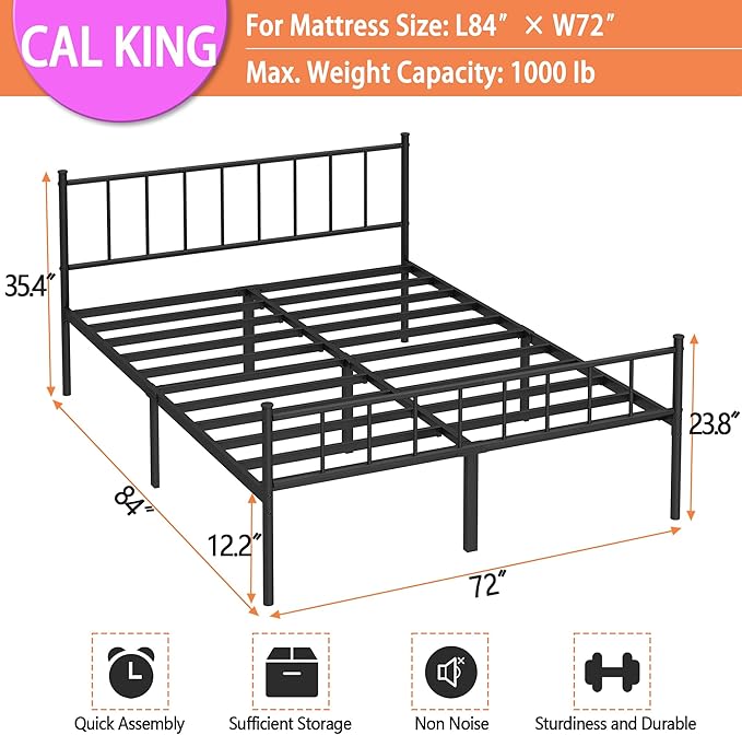 California King Bed Frame-Classic Metal Platform Bed FrameMattress Foundation with Steel Slat SupportUnder Foundation StorageNo Box Spring Needed Easy AssemblyCalifornia King Size
