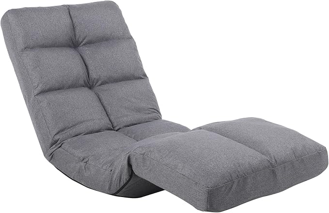 Floor Recliner with Adjustable Footrest - 14-Position Backrest &amp 5-Level Footrest for Ultimate Relaxation Foldable Linen Chaise Lounge Chair for Living Room (Grey)