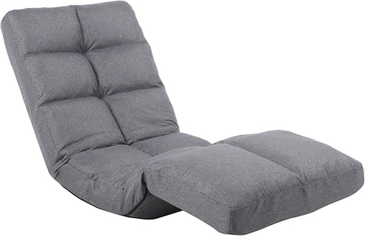 Floor Recliner with Adjustable Footrest - 14-Position Backrest &amp 5-Level Footrest for Ultimate Relaxation Foldable Linen Chaise Lounge Chair for Living Room (Grey)