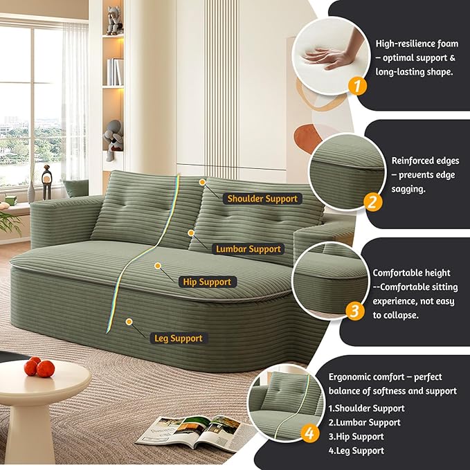 78.7 Full Size Boneless Couch Bed Plush Corduroy Memory Foam Floor Sofa with Multi Functional Blanket 2 in 1Convertible Sleeper Sofa Bed for Living Room Offices Apartment No Assembly (Green)