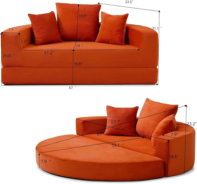 67-inch Convertible Futon Sofa Bed Round Folding Comfy Corduroy Upholstered Couch Bed with 3 Pillows Boneless Floor Lazy Loveseat Sofa for Living Room Apartment Small Spaces Pinstripe Orange