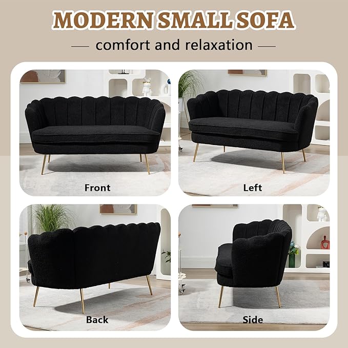 59 Small Loveseat Sofa 2-Seater Modern Chenille Couch with Gold Metal Legs &amp Floral Backrest Compact Apartment Sofa for Living Room Bedroom Office Dorm (Boucle Black)