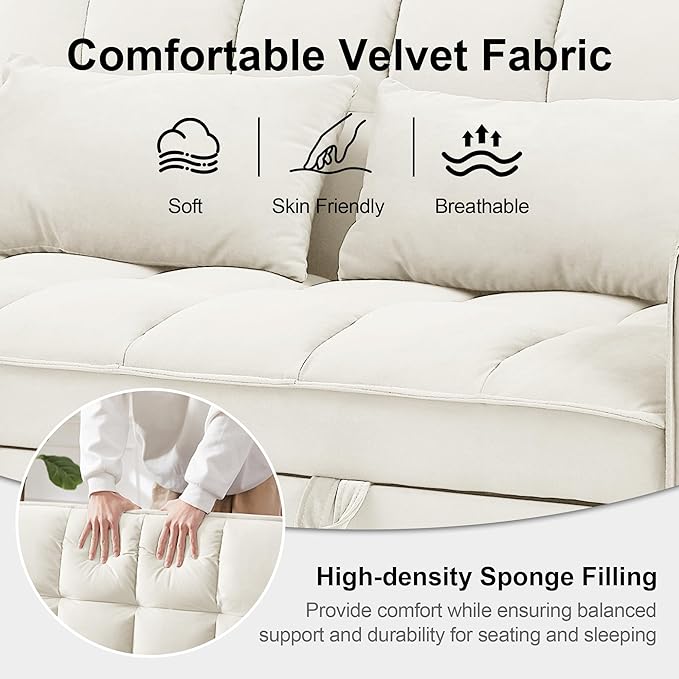 Convertible Sofa Bed 3 in 1 Sleeper Sofa with Adjustable Backrest Pull Out Couch Loveseat with 2 Pillows &amp Side Pockets for Living Room Bedroom Apartment 55 Velvet | Beige