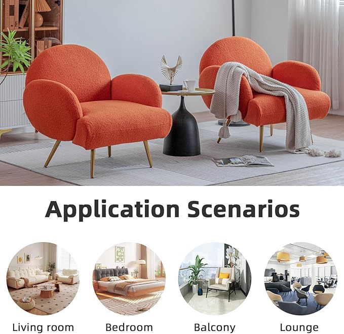 Orange Accent Sherpa Chair Comfy Boucle Chair for Reading Bedroom Living Room with Golden Metal Legs Teddy Tufted Backrest Sofa Armchair Side Chair