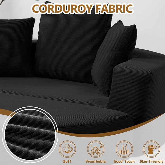 67” Foldable Couch Bed Corduroy Round Floor Couch with 3 Comfy Pillows 2 in 1 Convertible Sofa Bed for Living Room Apartment 380 LBS Capacity No Assembly (Black)