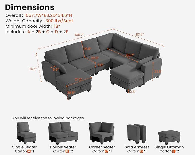 CHIC HOUSE Modular Sectional Couch| Corduroy L Shaped Sleeper Sofa U-Shape Sofa Bed Convertible Chaise with Storage Ottoman for Living Room Modern Furniture (Dark Grey 8 Seater L-Shaped)