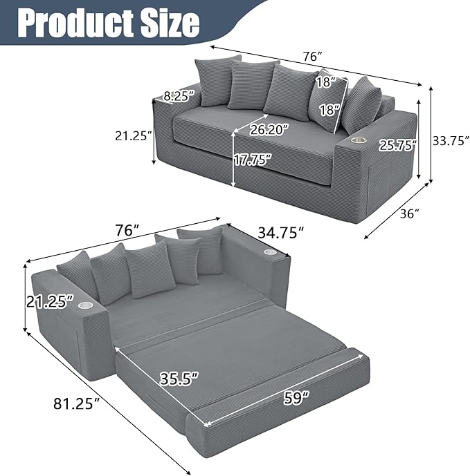 Anwick 2-in-1 Convertible Sleeper Sofa Bed Corduroy Boneless Loveseat Cloud Couch for Living Room Compressed Sofa in a Box 5 Pillows Fixed Frames Side Pockets &amp Cup Holders No Assembly (Gray