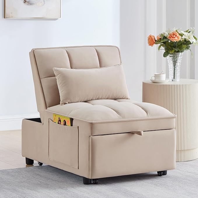 Multi-Function Convertible Single Sleeper Sofa Bed with Storage PocketsVelvet Tufted Pull-Out Couch Bed 4in1 W/Adjustable Backrest &amp PillowsChaise Lounge for Living RoomSmall SpaceTaupe