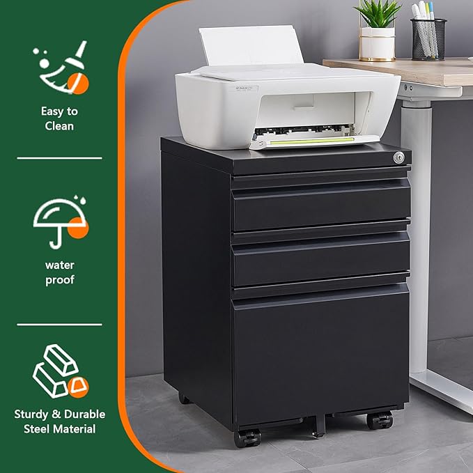 Fully Assembled 3 Drawer File Cabinet for Under Desk File Cabinet with 5 Casters &amp Smooth Gliding for Home Office Legal Letter and A4 Files One Lock (Black)