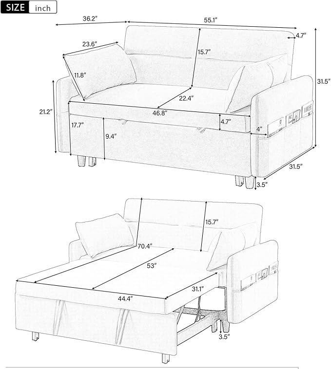 Merax 55.1 W Convertible Sofa Bed with Adjustable Backrest2 PillowsUSB Ports and 6 Storage Side PocketsPull-Out Sleeper Sofabed Microfiber Loveseat Couch for Living Room Bedroom ApartmentBeige