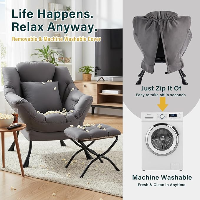 Lazy Chair with Ottoman Large Accent Chair with Ottoman and a Throw Pillow Dark Grey Reading Chair for Living Room Bedroom Dorm Room Office Apartment Relaxing Use