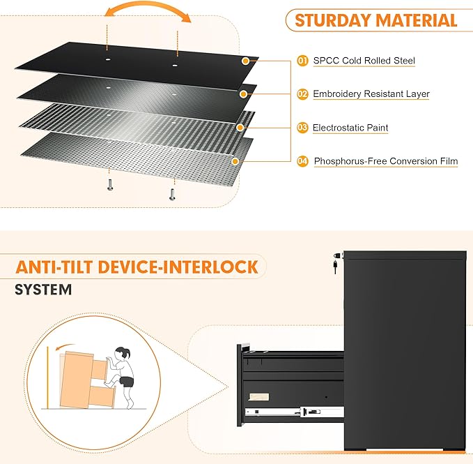 INTERGREAT 2 Drawers File Cabinet with Lock 18 D Metal Black Vertical Filing Cabinet for Hanging Folders Easy Assemble