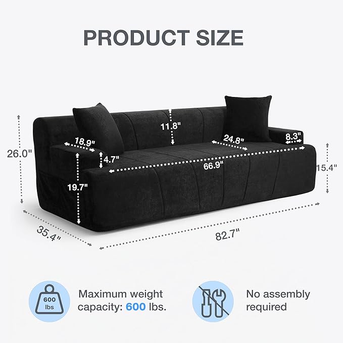 82.7 Modern Velvet Boneless Couch Ultra Comfy 3-Seater Sofa for Living Room Bedroom Home Office No Assembly Required (Black)