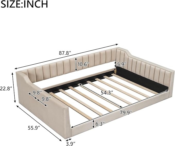 Full XL Size Floor Bed with Storage Pocket Upholstered Floor Sofa Daybed with Vertical Stripe Design for Gust RoomBedroom Living Room Beige
