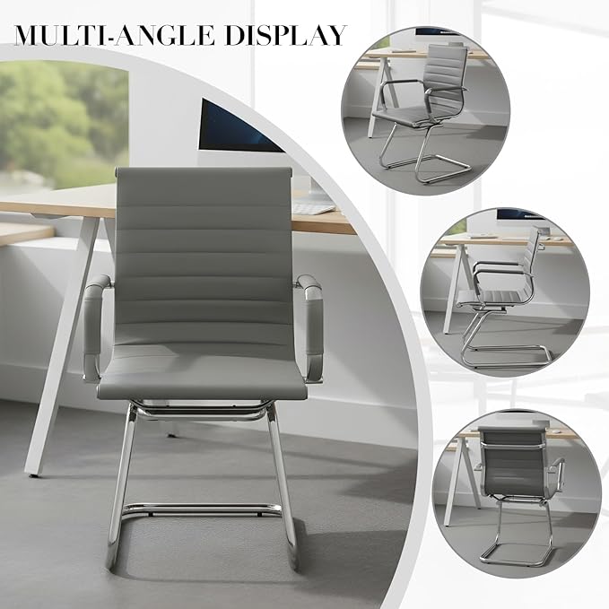 CIMOTA Waiting Room Chairs Leather Office Guest Chair Mid Back Reception Chairs with Sled Base for Meeting/Patient/Conference Room Grey Set of 4