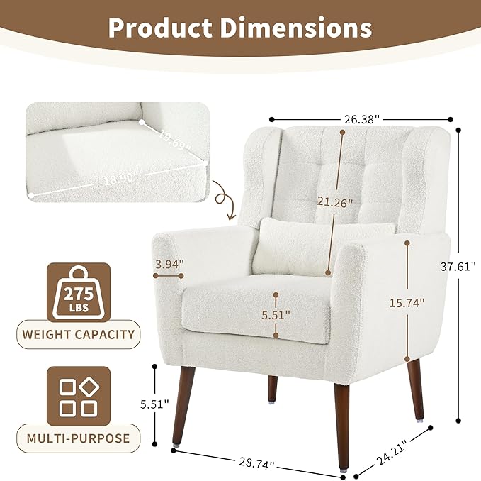 Modern Accent Chair Upholstered Arm Chair with Waist Pillow Single Sofa Chair for Living Room Bedroom Small Spaces (White)