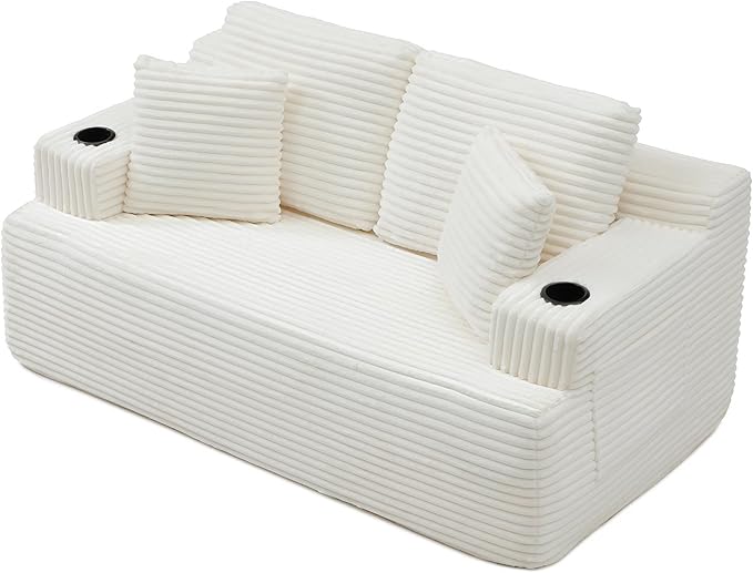 Floor Loveseat Boneless Sofa Couch in a Box with Cup Holder and Side Pockets Corduroy Upholstered 2 Seater Cloud Foam Sofa with Deep Seating for Living Room No Assembly | Breathable material Cuphol