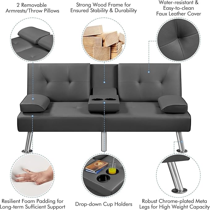 Convertible Folding Futon Sofa Bed Sleeper Couch for Living Room Modern Faux Leather Upholstered Loveseat w/Removable Armrests Metal Legs 2 CupHolders Love Seat Sofa Bed for Small Spaces (Gray)