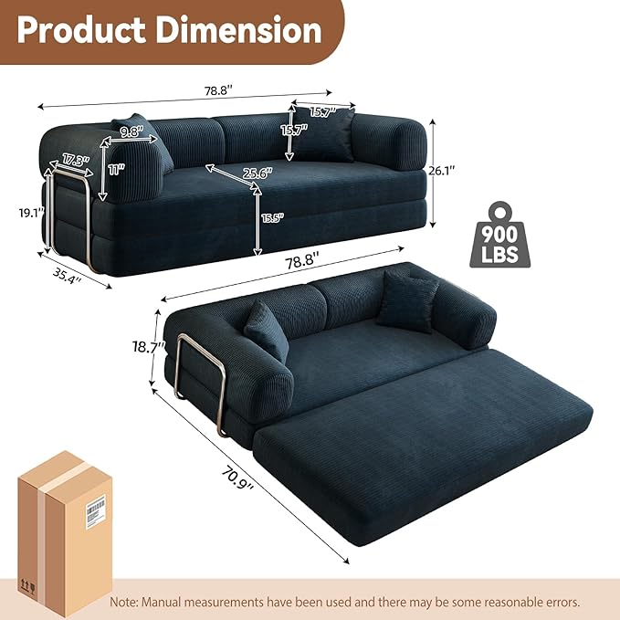 78.8 Corduroy Convertible Sofa Bed with Stainless Fixed-Shape Frame 4-in-1 Boneless Loveseat with Pull-Out Bed Lounge Futon Sofa Couch Floor Mattress for Living Room No Assembly Required(Blue) | C