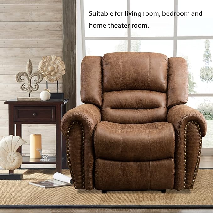 INZOY Leather Recliner Chair Heavy Duty Manual Reclining Sofa Single Lounge Sofa for Living Room Home Theater Seating Light Brown