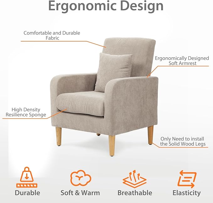 Upholstered Sofa Chair with Pillow Fabric Accent Armchair with Wooden Legs Comfy Lounge Chair for Living Room Bedroom or Office Supports up to 300 lbs (Beige)