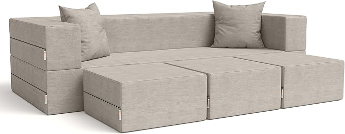 Jaxx Zipline Convertible Sleeper Sofa &amp Three Ottomans/California King-Size Bed Dove Grey