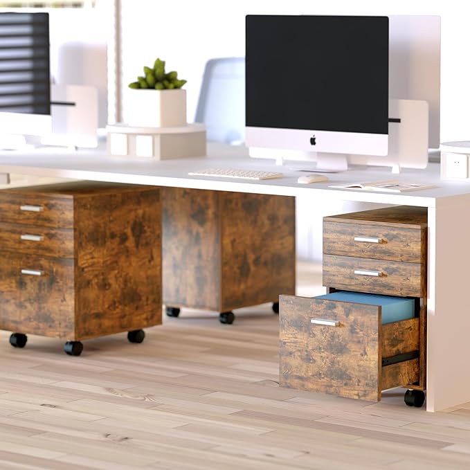 3 Drawer File Cabinet with WheelsPreassembled Rustic Brown Wood OrganizerMultifunctional for Home OfficeMobile Printer Stand Storage19 L x 16 W x 22 H