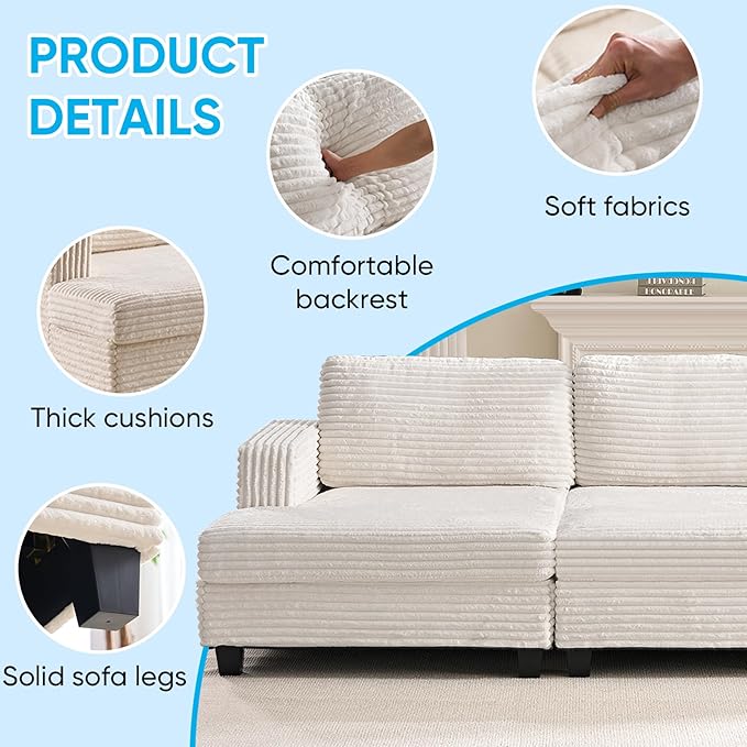 Mjkone 120 W Oversized Deep Seat Sofa Upholstered Corduroy 3 Seat Sofa Modular Sectional Couch with Wooden Frame Modern Sleeper Sofa Bed for Living Room Office Beige