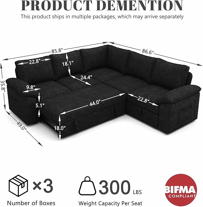 85 Inch Modular Sectional Sofa with Pull Out Bed L Shaped 5 Seat Sectional Sleeper Sofa with Storage Sectional Couches for Living Room Cloud Modular CouchRemovable Sofa Cover Black
