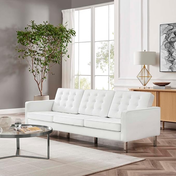 Modway Loft Tufted Button Faux Leather Upholstered Sofa in Silver White
