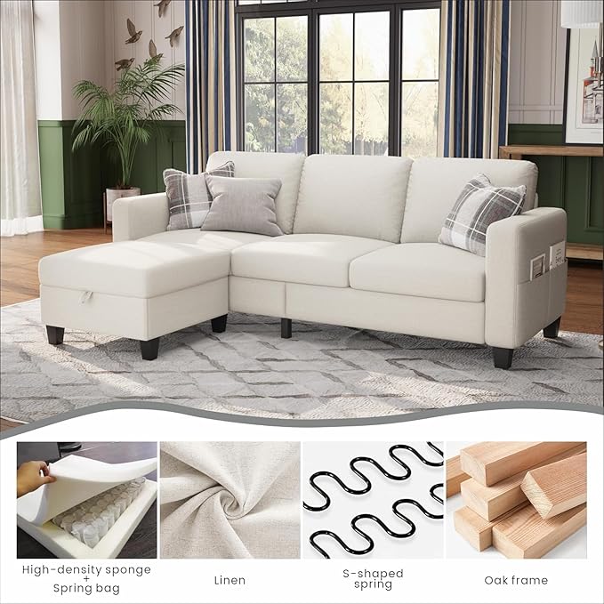Sectional Sofa Couches for Living Room-78''Convertible Modular Three-Seater L-Shaped Pet-Friendly CouchWashable Sofa Cover-Bench StorageSuitable for Small Living RoomApartmentOffice-Beige