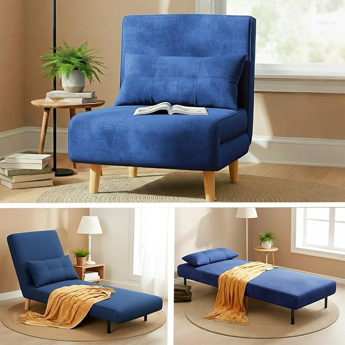 Ahomly 3 in 1 Sleeper Chair Bed Chair Bed Sleeper for Adults with 6 Angle Adjustable Backrest Convertible Single Futon for Living Room/Apartment/Office Blue