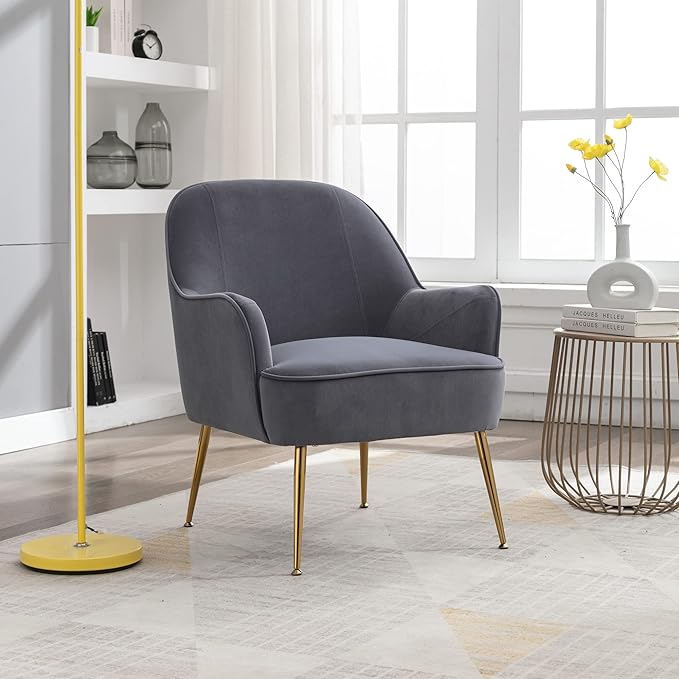 Modern Ergonomics Soft Velvet Fabric Material Accent Chair with Gold Legs and Adjustable Feet Screws for Indoor Home Living RoomGray