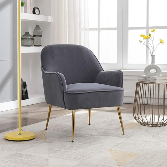 Modern Ergonomics Soft Velvet Fabric Material Armchair Accent Chair with Gold Legs Coffee Table Side Chair Comfy Upholstered Arm Chair for Indoor Home Living Room Bedroom (Grey)