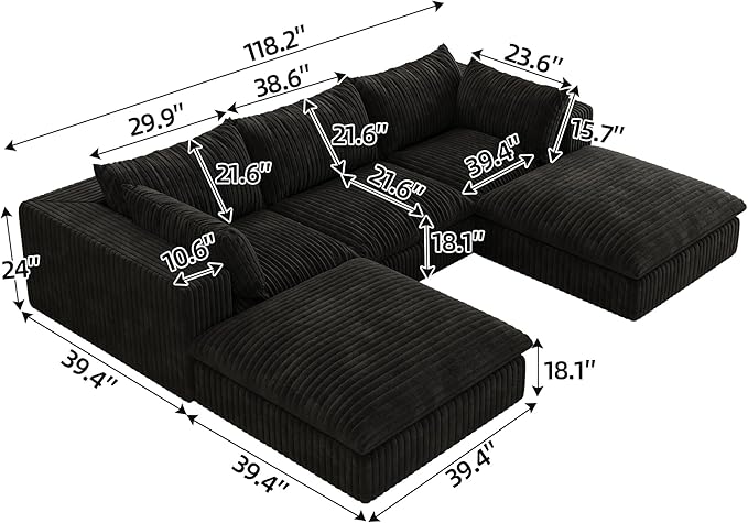 Cloud Compressed Modular Sectional Sofa with 2 Ottomans - Modern U Shaped Boneless Couch with Deep Seat Upholstered Sectional Couches for Living Room No Assembly Required | Plush Wider Armrest Dow