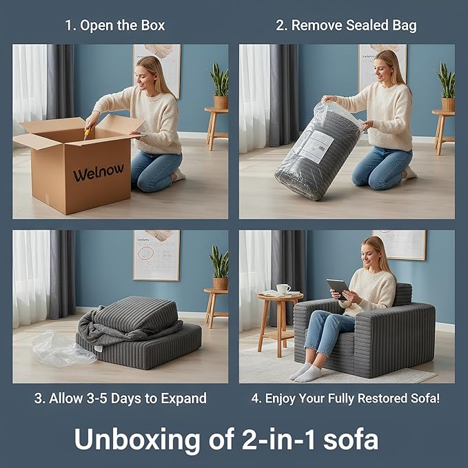 Welnow Folding Sofa Bed with Ottoman Convertible 2-in-1 Boneless Couch Futon Lounge Chair Bed for Adults Comfy Fold Out Sleeper Sofa for Small Spaces Living Room Bedroom or Dorm Beige