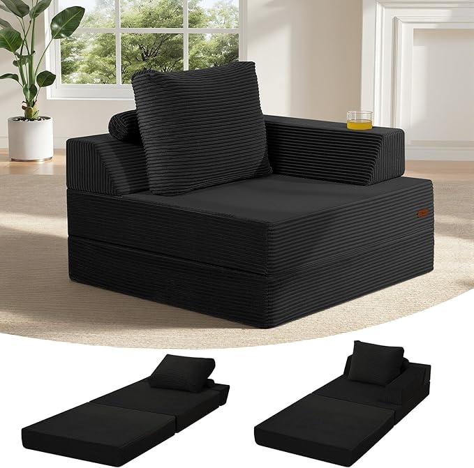 COMAX Folding Sofa Bed Foldable Couch for Bedroom Corduroy Convertible Floor Sleeper Futon Chair Foam 3 in 1 Fold Out Chair Portable Comfy Lounge Couch Single Sofa Bed for Small Space Guest Room