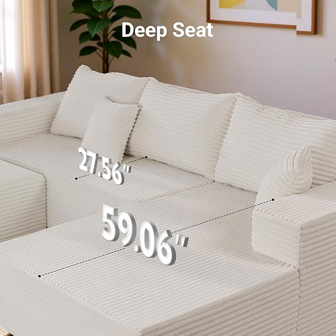 110 Boneless Couch Cloud Couch Sectional U-Shape Corduroy Modular Sectional Sofa Deep Seat Upholstered Couches for Living Room No Assembly Required Black