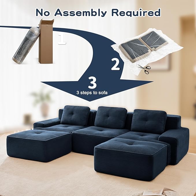 115 Modern Blue Corduroy Boneless Sofa Set 3 Seater Modular Sectional Couches for Living Room Compressed Memory Foam Cloud Couch with 2 Ottoman Deep Seat No Assembly Sofas para Sala U Shaped