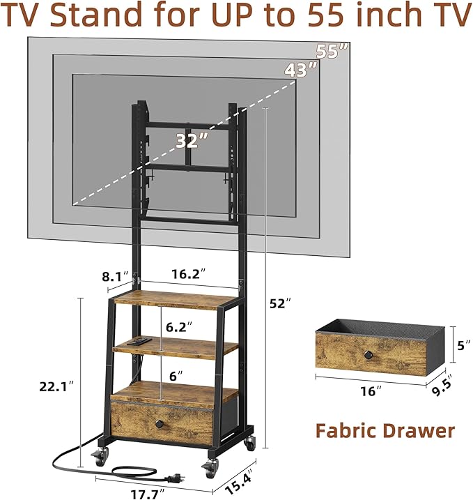 Rolling TV Stand with Wheels and Mount &amp Fabric Drawer - Entertainment Center with Power Outlet and Small TV Stand for Bedroom Living Room - 15 Rustic Brown